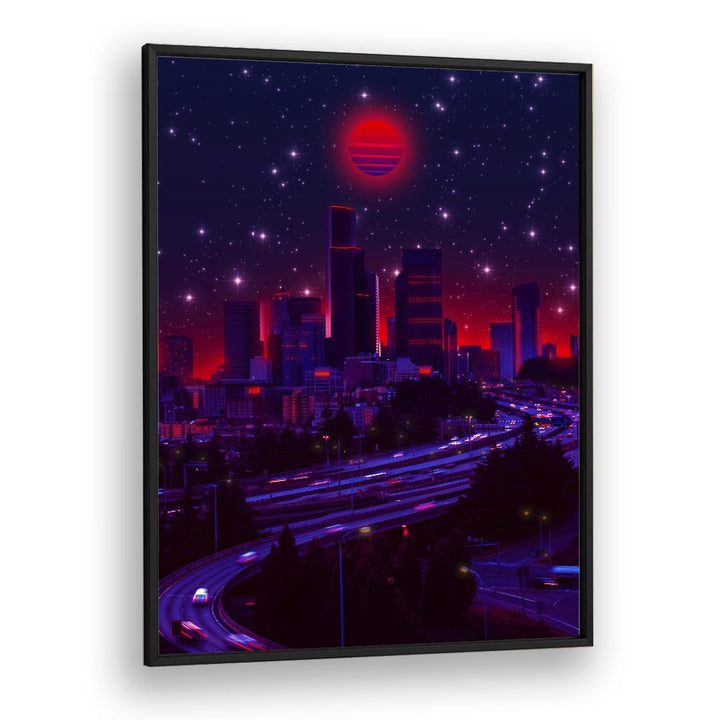 Vibrant city skyline at night, showcasing SINCITY, SURREAL ART PRINTS by Ritvik Takkar in a sleek black frame.