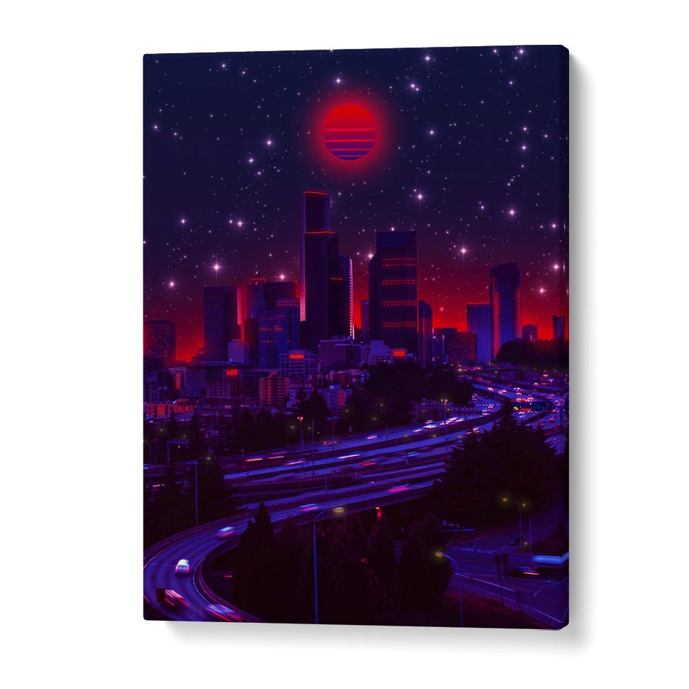 Vibrant skyline at night with surreal elements, featuring SINCITY, SURREAL ART PRINTS by Ritvik Takkar.