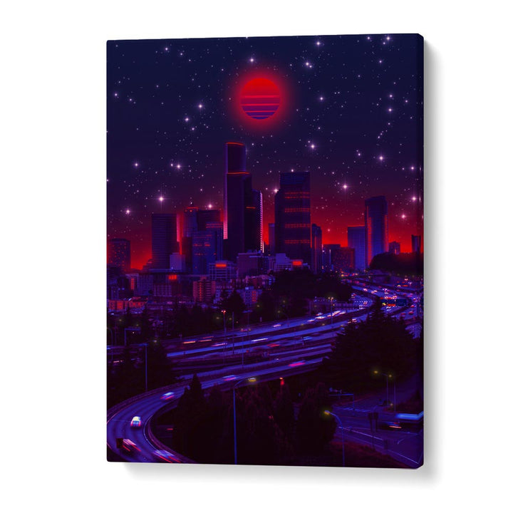 Vibrant skyline at night with surreal elements, featuring SINCITY, SURREAL ART PRINTS by Ritvik Takkar.