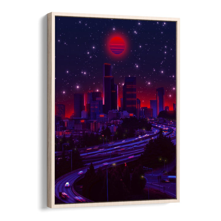 "SINCITY, SURREAL ART PRINTS" by Ritvik Takkar features a stunning cosmic cityscape in vibrant colors.