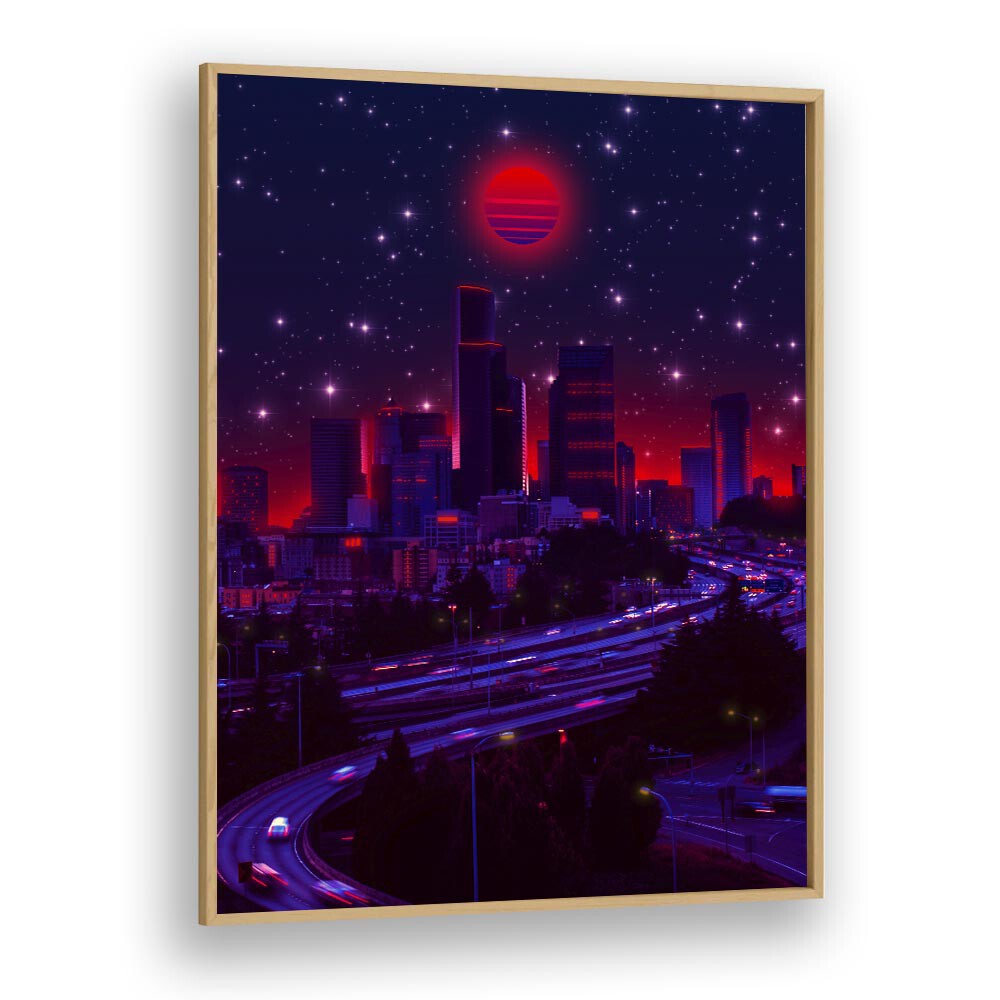 Stunning SINCITY, SURREAL ART PRINTS by Ritvik Takkar, showcasing a vibrant cityscape under a cosmic night sky.