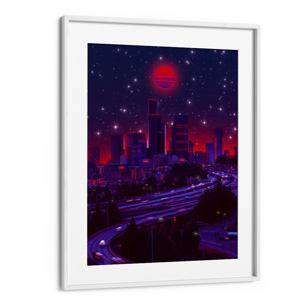 Stunning SINCITY, SURREAL ART PRINTS by Ritvik Takkar, featuring a vibrant cityscape under a starry sky.