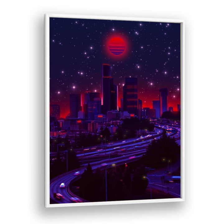 Vibrant cityscape art print titled "SINCITY, SURREAL ART PRINTS" by Ritvik Takkar, capturing surrealism beautifully.