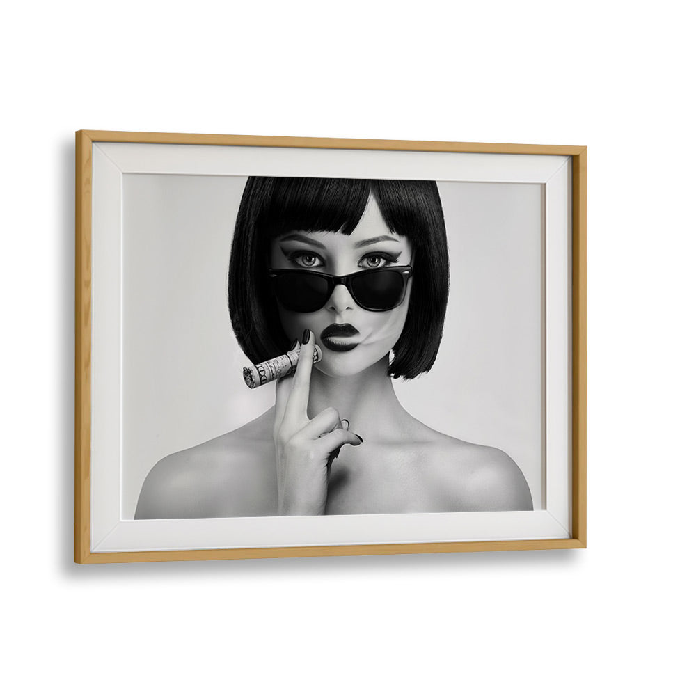 Stylish black-and-white art print "SMOKE THIS III, PHOTOGRAPHY PRINTS" by David Drake in an oak frame.