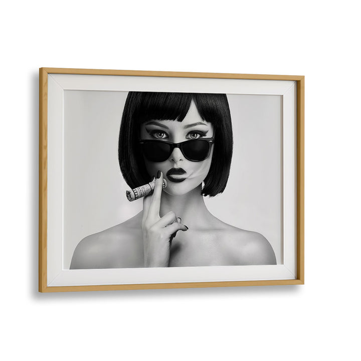 Stylish black-and-white art print "SMOKE THIS III, PHOTOGRAPHY PRINTS" by David Drake in an oak frame.
