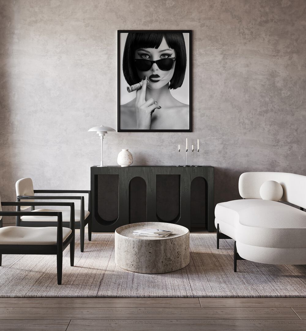 Stylish black and white artwork titled SMOKE THIS, PHOTOGRAPHY PRINTS by David Drake enhances modern interiors.