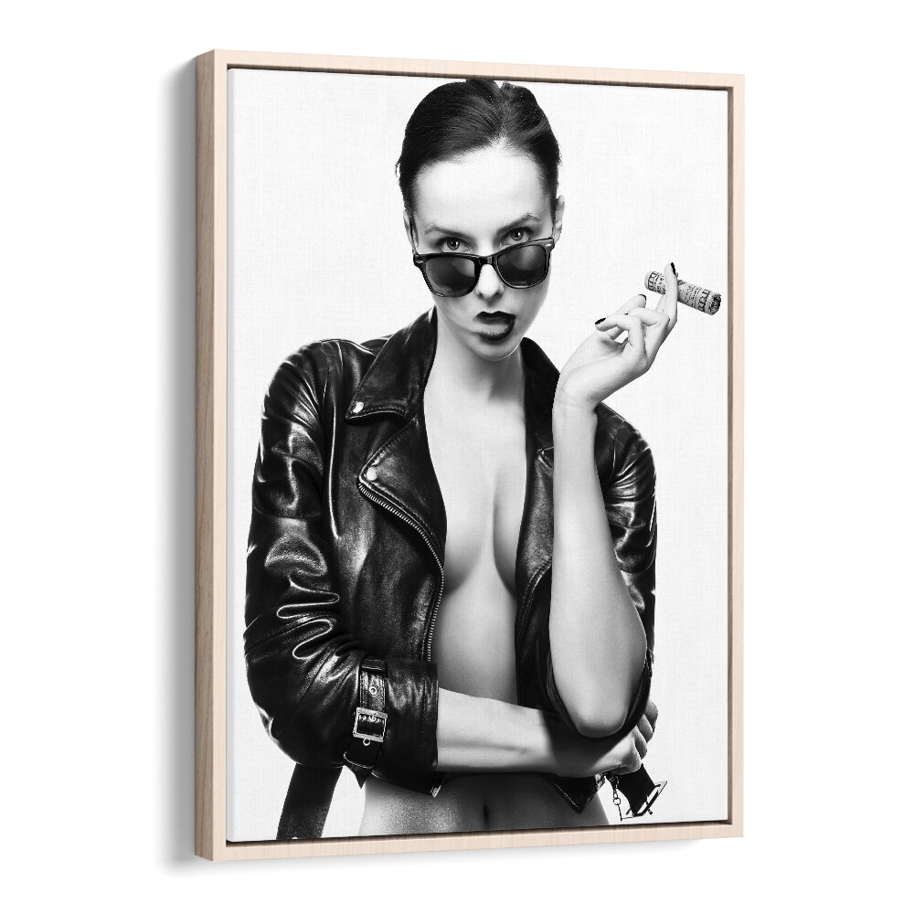 Stylish black and white art featuring a model with sunglasses, perfect for any space—SMOKE THIS II, PHOTOGRAPHY PRINTS.