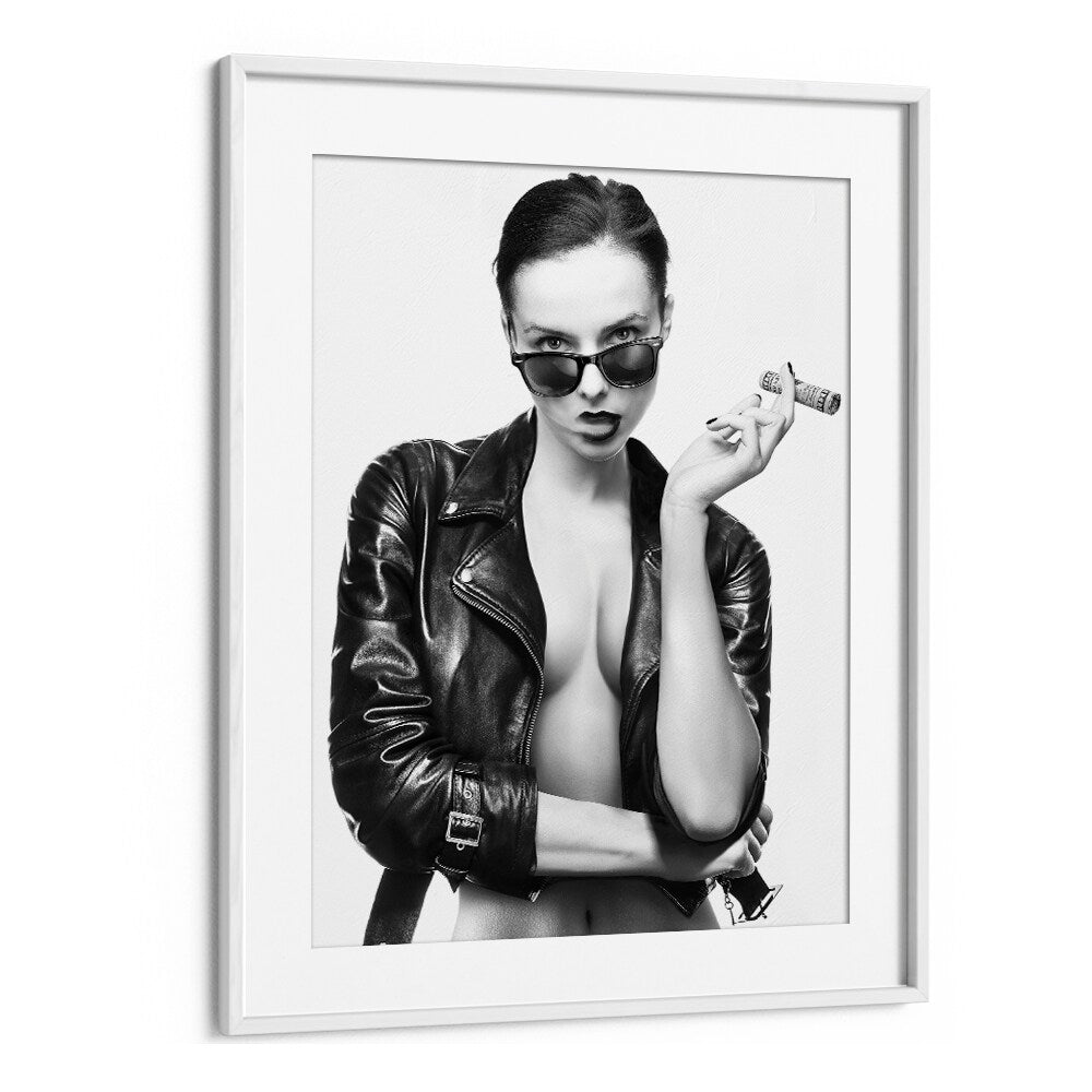 Captivating SMOKE THIS II, PHOTOGRAPHY PRINTS by David Drake, featuring a striking fashion portrait in a sleek frame.