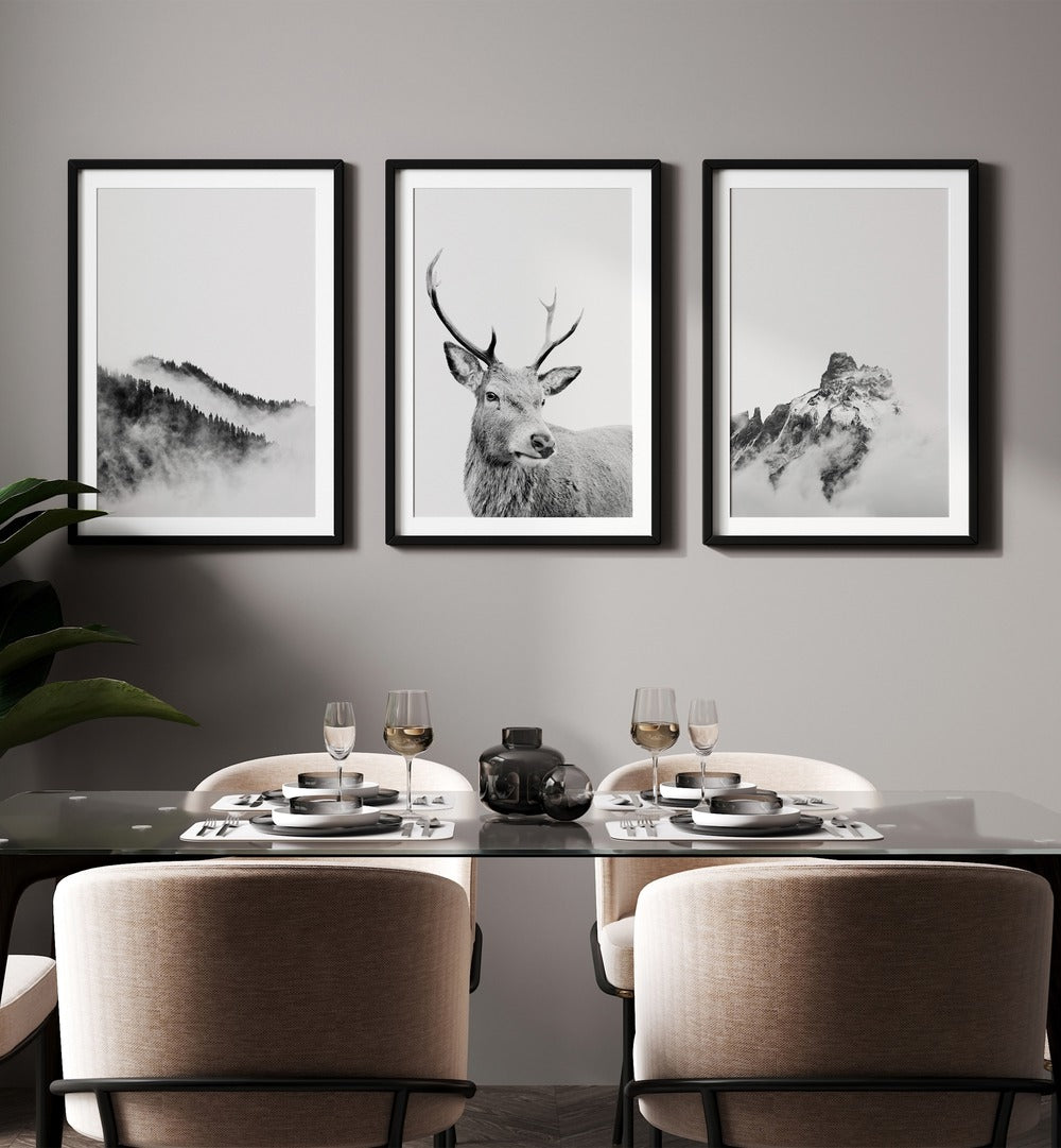 Transform your space with the SNOW FOREST, SET OF 3 PAINTINGS, featuring serene winter landscapes and majestic reindeer.