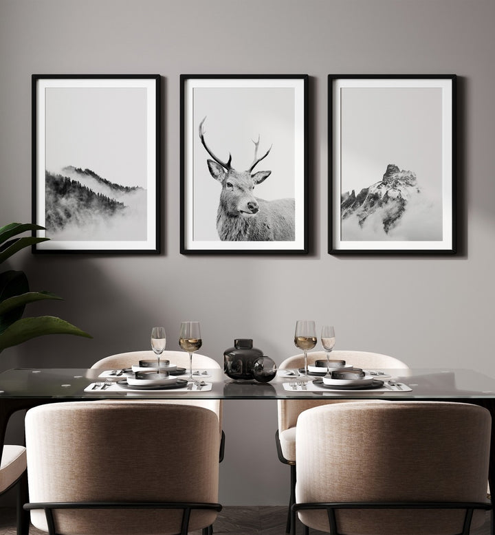 Transform your space with the SNOW FOREST, SET OF 3 PAINTINGS, featuring serene winter landscapes and majestic reindeer.