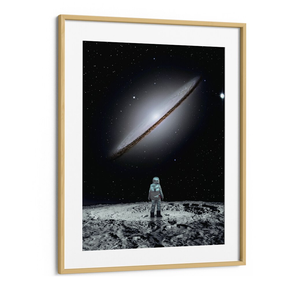 Explore the cosmos with "SOLE SURVIVOR, SURREAL ART PRINTS" by Ritvik Takkar, framed in elegant oak.