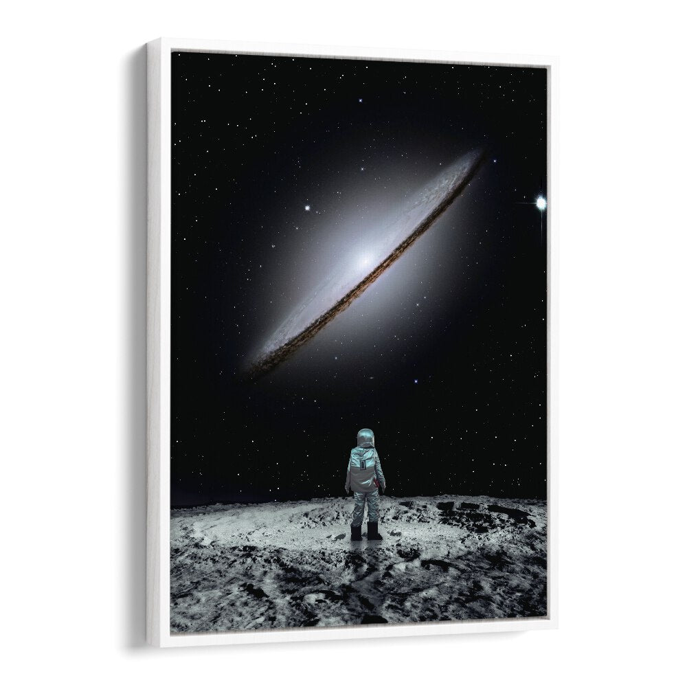 "Sole Survivor, Surreal Art Prints" features an astronaut gazing at a celestial landscape, embodying surrealism's essence.