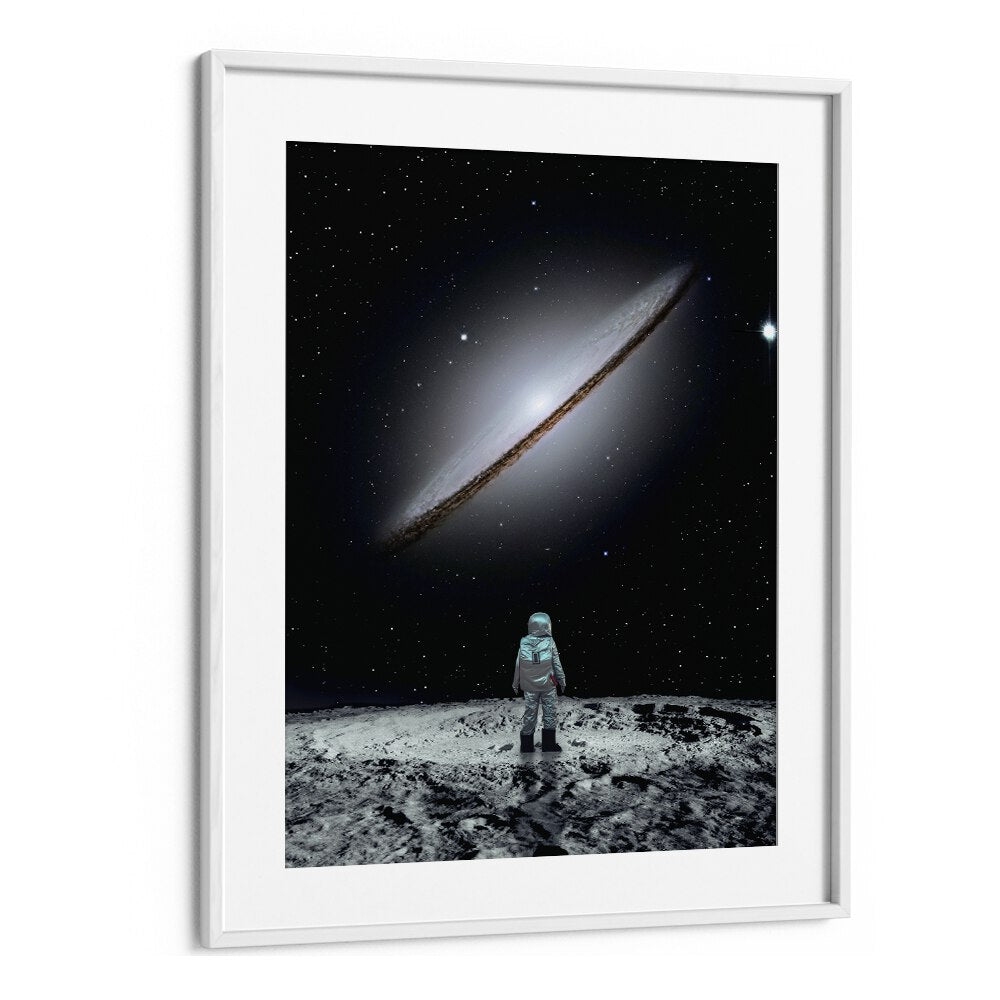 "Sole Survivor, Surreal Art Prints" features an astronaut gazing at a galaxy, capturing the essence of surrealism.