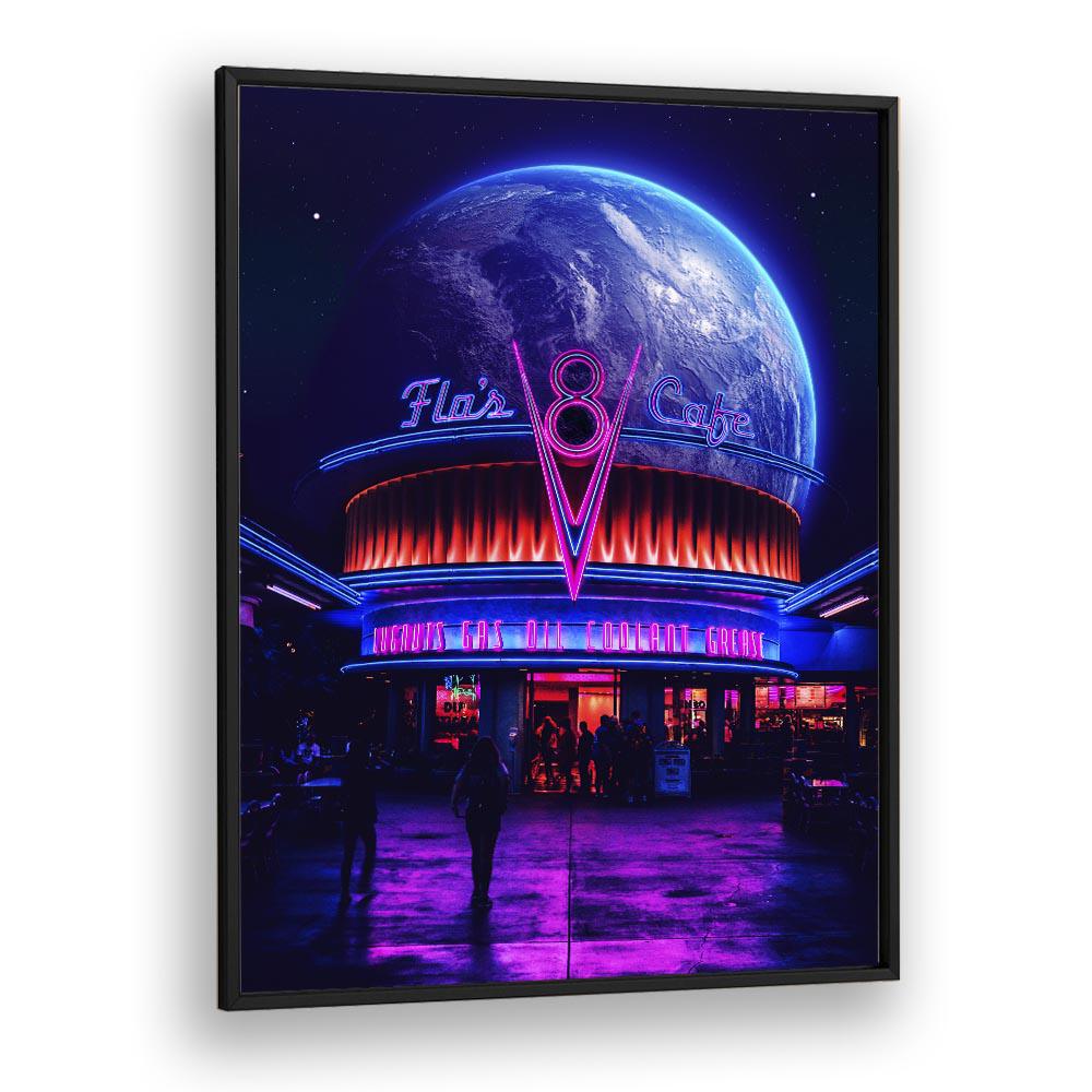 Vibrant black-framed SPACE CAFE, SURREAL ART PRINTS by Ritvik Takkar, perfect for inspiring creativity in any space.