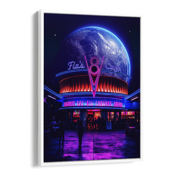 Brightly lit Space Cafe with surreal elements, showcasing SPACE CAFE, SURREAL ART PRINTS by Ritvik Takkar.