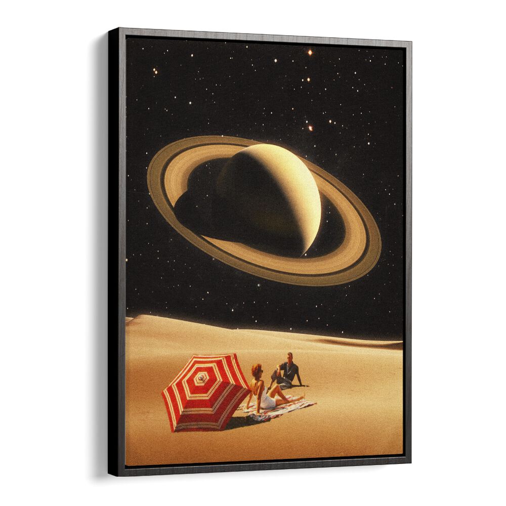 Captivating SPACE DATE, SURREAL ART PRINTS featuring a cosmic scene with Saturn and beachgoers in a stunning float frame.