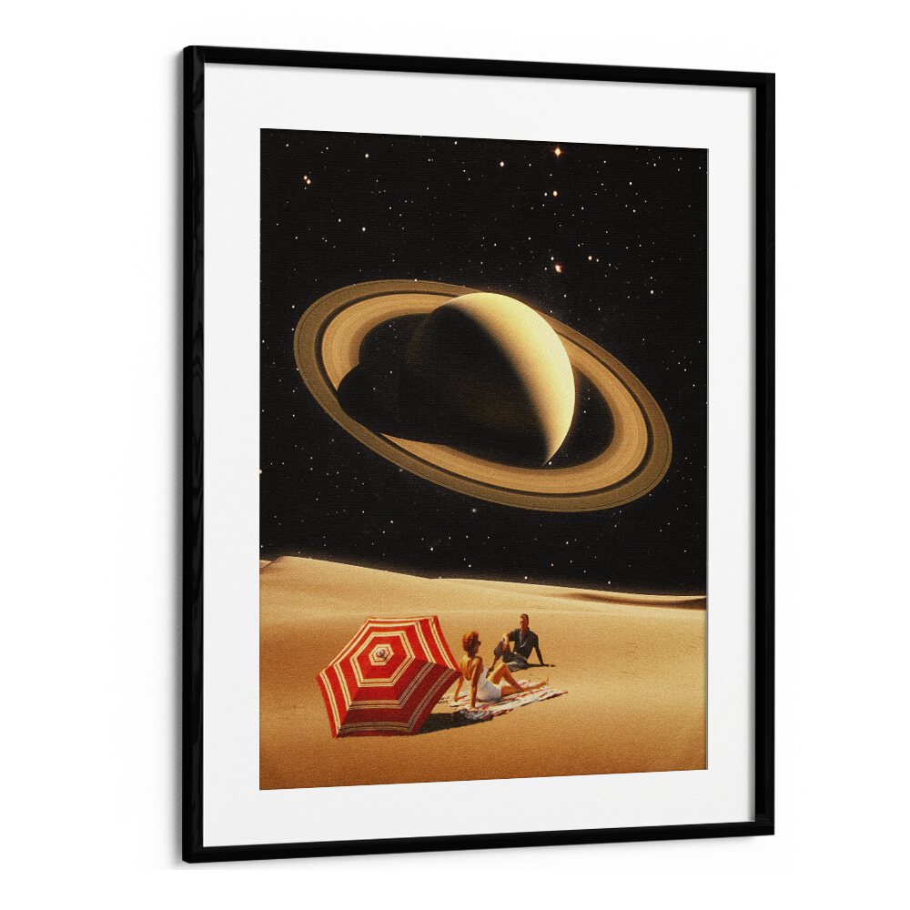 Surreal art print "SPACE DATE" by Taudalpoi, featuring a cosmic scene with Saturn and a vibrant beach setting.
