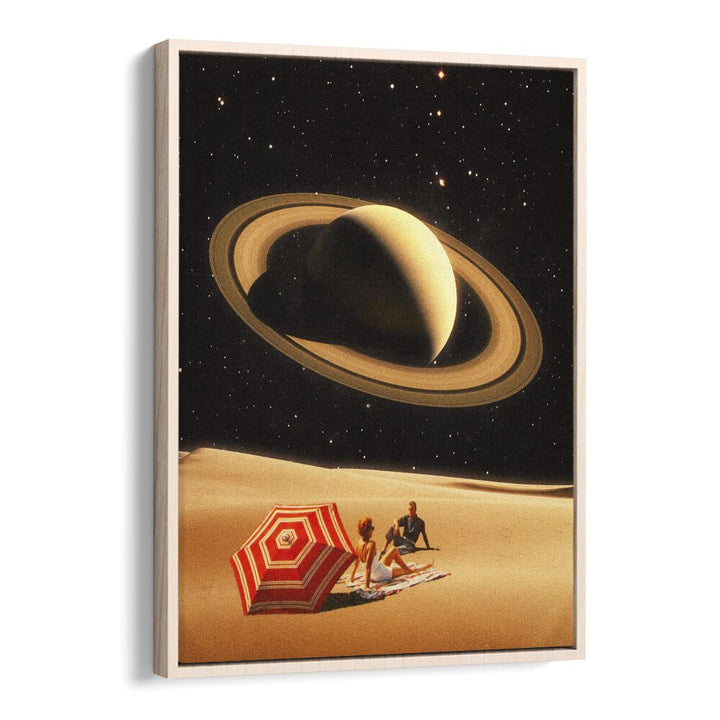 Surreal art print "SPACE DATE" features a cosmic scene with Saturn, enhancing modern elegance in any space.