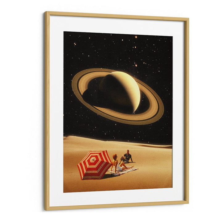 Relaxing couple under a Saturn backdrop in the SPACE DATE, SURREAL ART PRINTS by Taudalpoi, perfect for modern decor.
