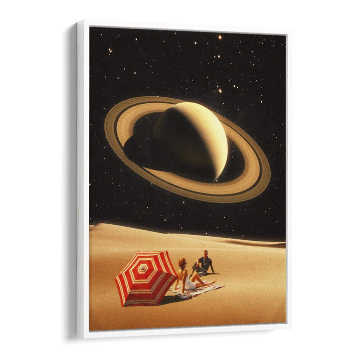 Surreal art print "SPACE DATE" features a cosmic scene with Saturn, perfect for modern decor by Taudalpoi.