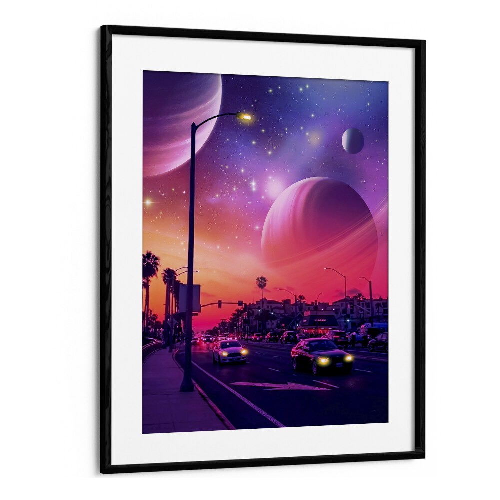 Vibrant SPACE DRICE II, SURREAL ART PRINTS by Ritvik Takkar, showcasing cosmic beauty in a sleek black frame.