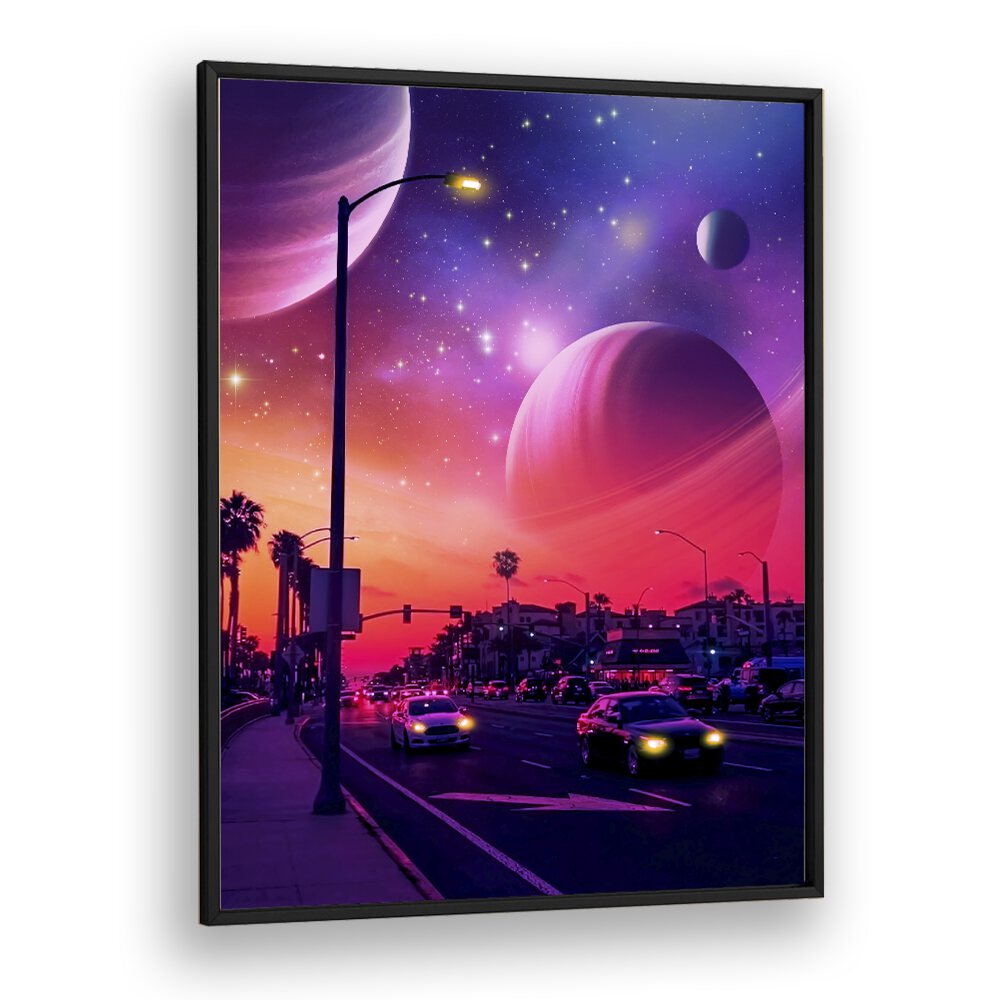 Vibrant SPACE DRICE II, SURREAL ART PRINTS by Ritvik Takkar, blending cosmic elements with urban scenes. Perfect for decor.