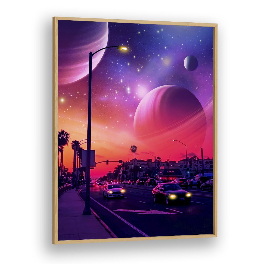 Vibrant street scene featuring planets in the sky, showcasing SPACE DRICE II, SURREAL ART PRINTS by Ritvik Takkar.