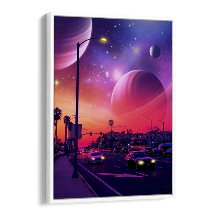Vibrant sunset scene with planets, showcasing SPACE DRICE II, SURREAL ART PRINTS by Ritvik Takkar. Elevate your space!