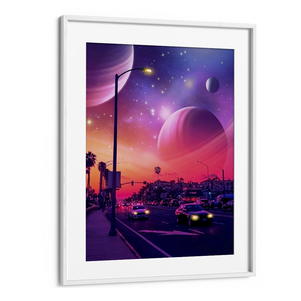 Stunning SPACE DRICE II, SURREAL ART PRINTS by Ritvik Takkar, framed with cosmic colors and a cityscape backdrop.