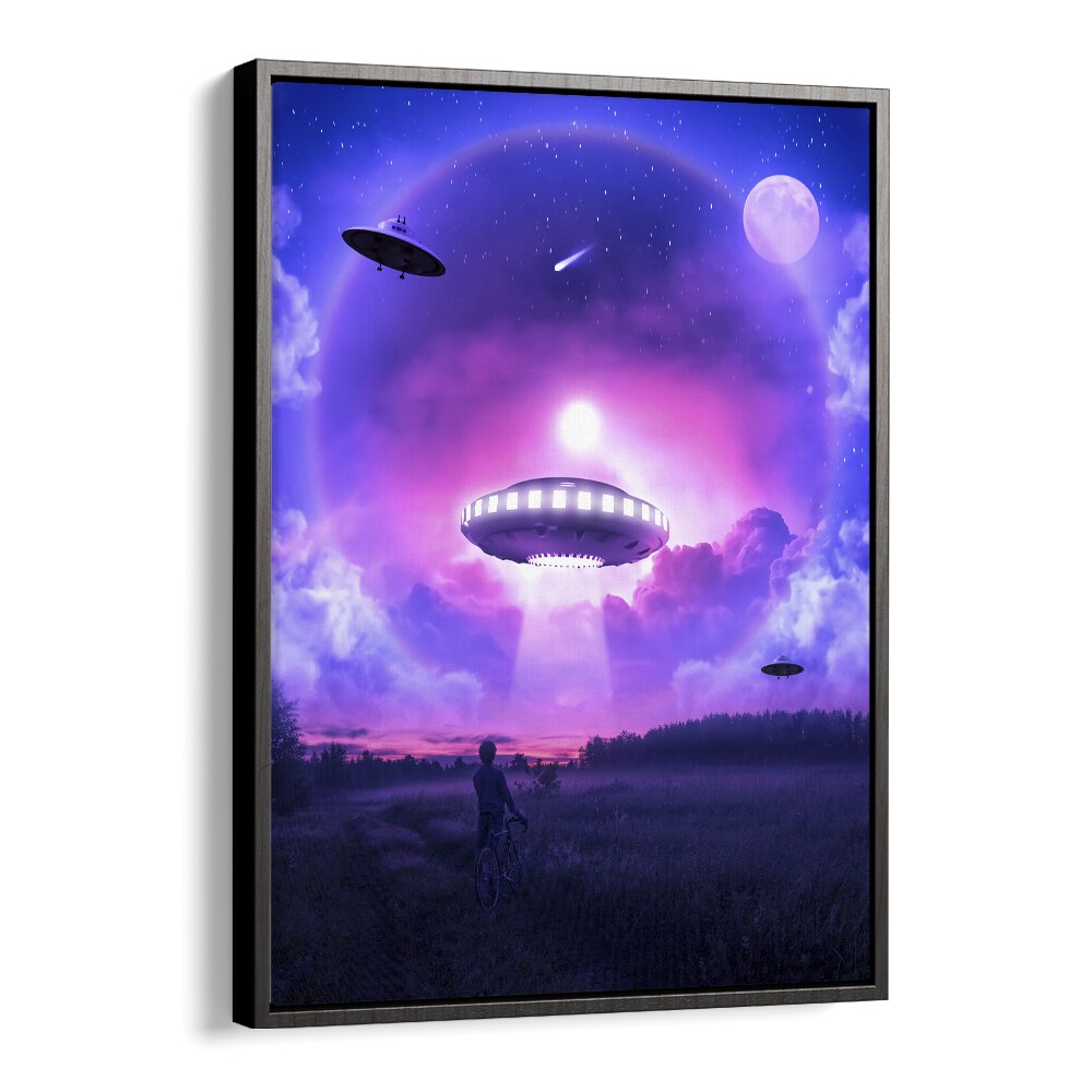 Explore the enchanting SPACE DRIVE, SURREAL ART PRINTS by Ritvik Takkar, featuring a cosmic scene of UFOs and vibrant skies.