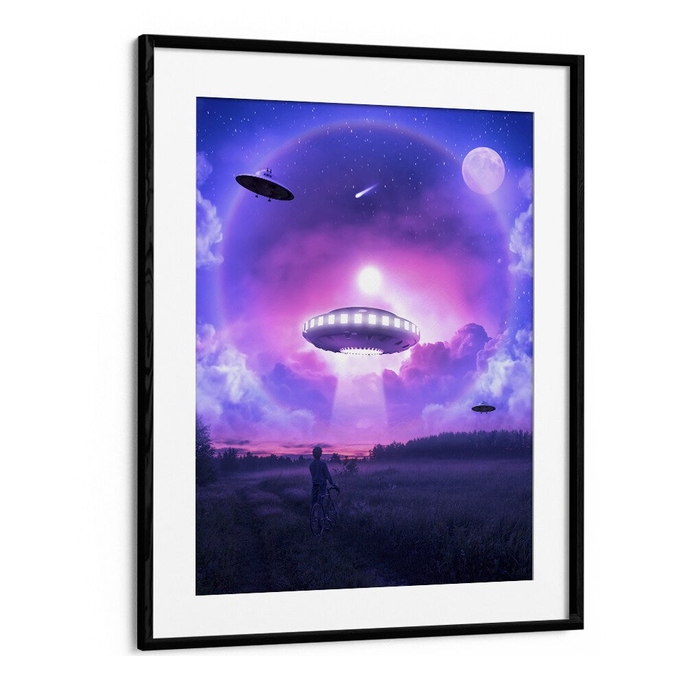 Explore the vibrant SPACE DRIVE, SURREAL ART PRINTS featuring UFOs and a dreamlike landscape by Ritvik Takkar.