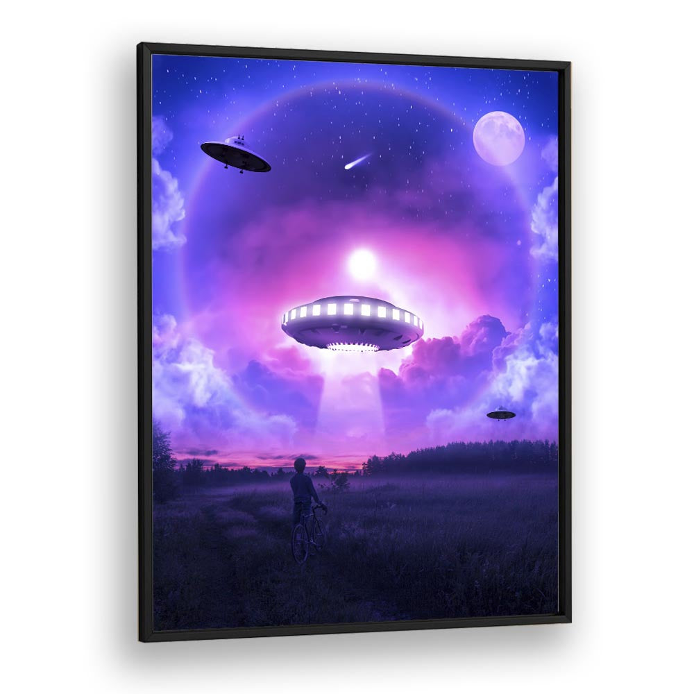 Vibrant SPACE DRIVE, SURREAL ART PRINTS by Ritvik Takkar features a dreamy UFO scene on a mesmerizing twilight background.