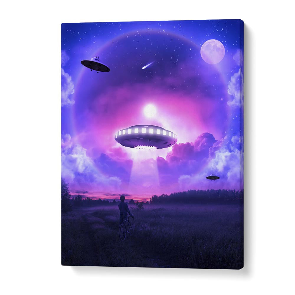 Surreal scene featuring UFOs and a cyclist, from the SPACE DRIVE, SURREAL ART PRINTS collection by Ritvik Takkar.