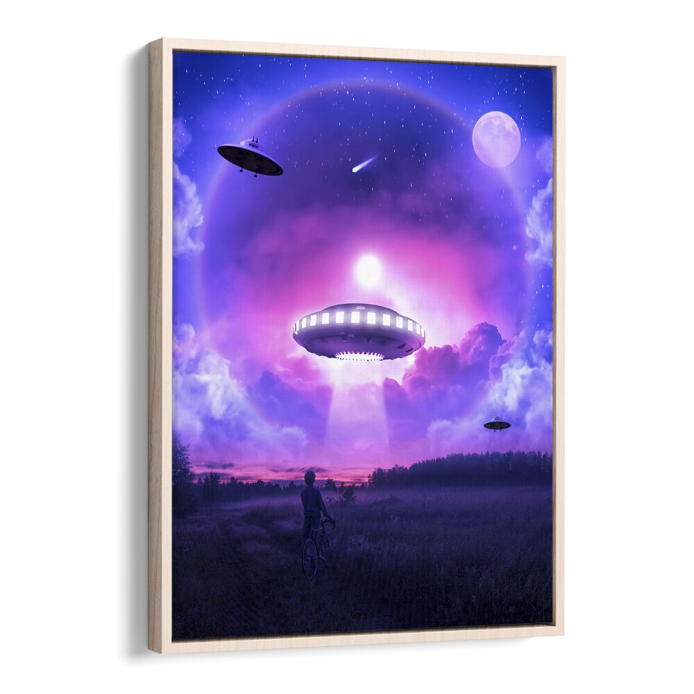 Explore the mystical allure of SPACE DRIVE, SURREAL ART PRINTS featuring UFOs and dreamy landscapes by Ritvik Takkar.
