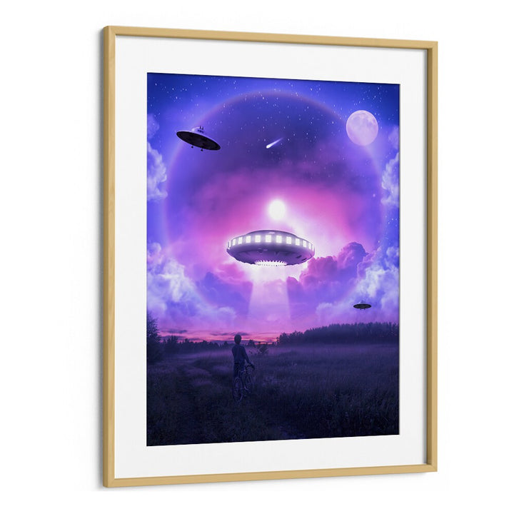 Experience the magic of SPACE DRIVE, SURREAL ART PRINTS featuring a captivating UFO scene by Ritvik Takkar.