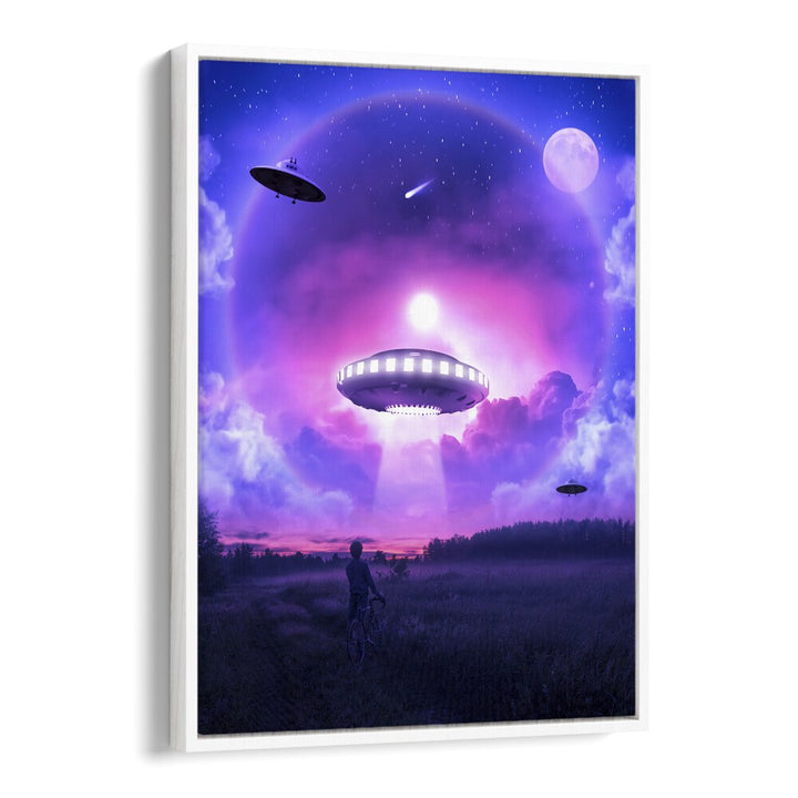 Explore the enchanting SPACE DRIVE, SURREAL ART PRINTS featuring a vibrant UFO scene by Ritvik Takkar.