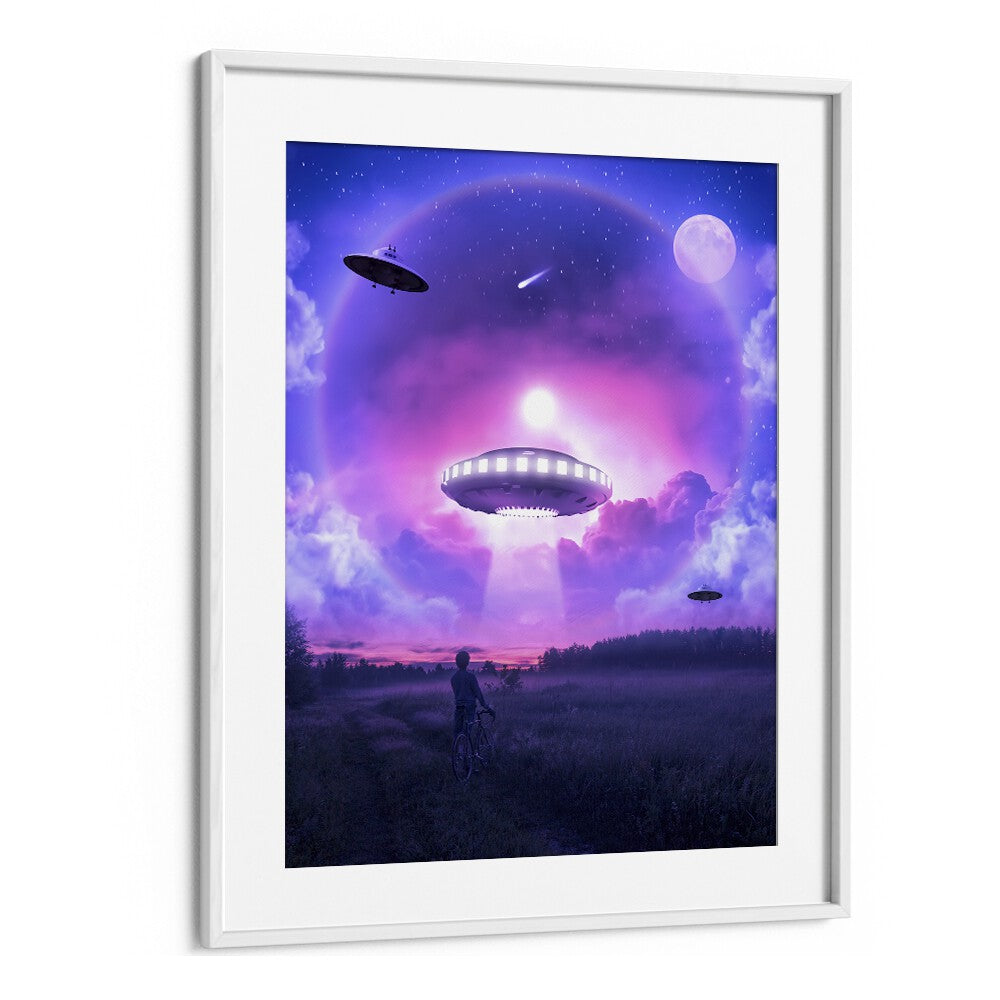 Stunning SPACE DRIVE, SURREAL ART PRINTS by Ritvik Takkar, featuring a vibrant UFO scene in a white frame.