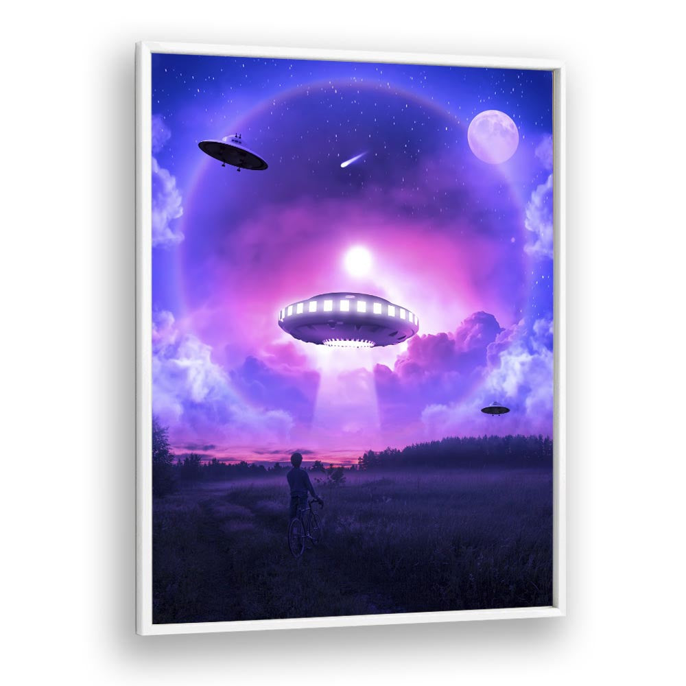 Vibrant SPACE DRIVE, SURREAL ART PRINTS by Ritvik Takkar, showcasing a dreamlike alien landscape in a white frame.