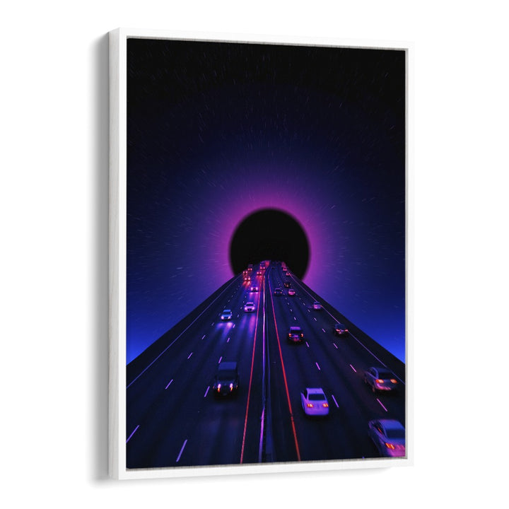 Mesmerizing "SPACE HIGHWAY, SURREAL ART PRINTS" by Ritvik Takkar, showcasing a vibrant cosmic road scene.