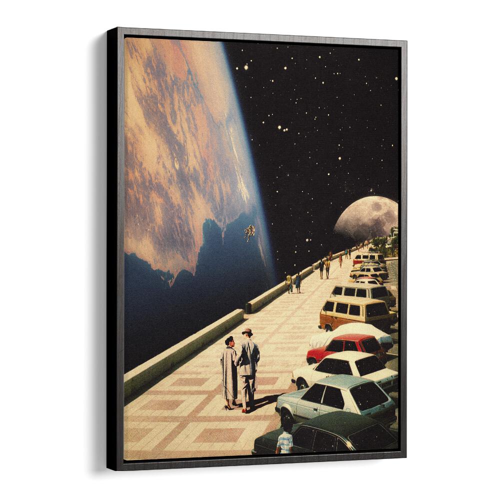 "SPACE PROMENADE, SURREAL ART PRINTS, by Taudalpoi, features a cosmic scene with couples and vintage cars in a dreamy setting."