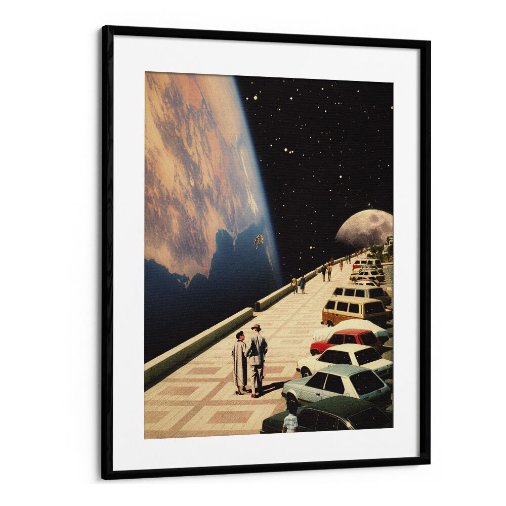 "SPACE PROMENADE, SURREAL ART PRINTS by Taudalpoi, showcasing a dreamy cosmic scene with figures against a starry backdrop."
