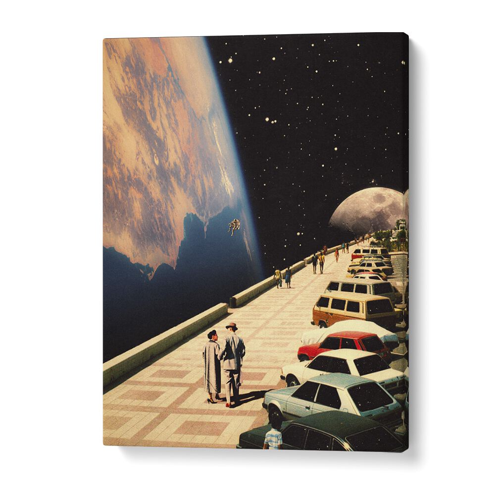 Explore the enchanting "SPACE PROMENADE, SURREAL ART PRINTS" by Taudalpoi, featuring a cosmic streetscape.