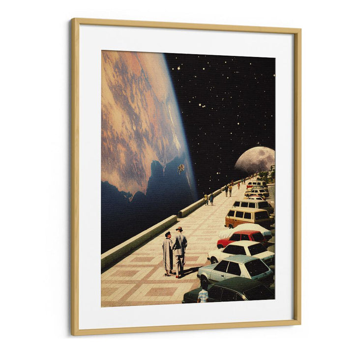 Elevate your decor with SPACE PROMENADE, SURREAL ART PRINTS framed in oak, showcasing a cosmic stroll by Taudalpoi.