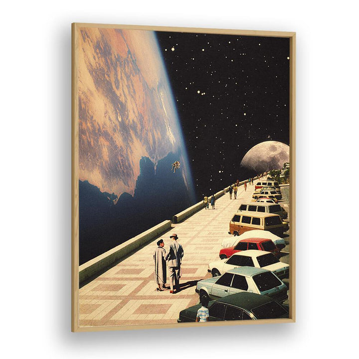 "SPACE PROMENADE, SURREAL ART PRINTS showcase a stunning cosmic scene framed in oak, enhancing your space beautifully."