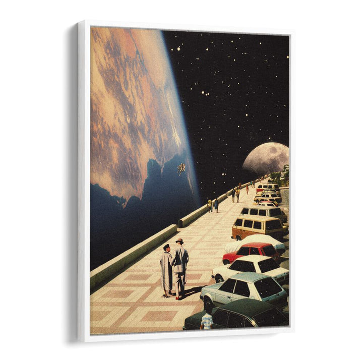 "SPACE PROMENADE, SURREAL ART PRINTS featuring a cosmic scene with people enjoying a stunning view by Taudalpoi."