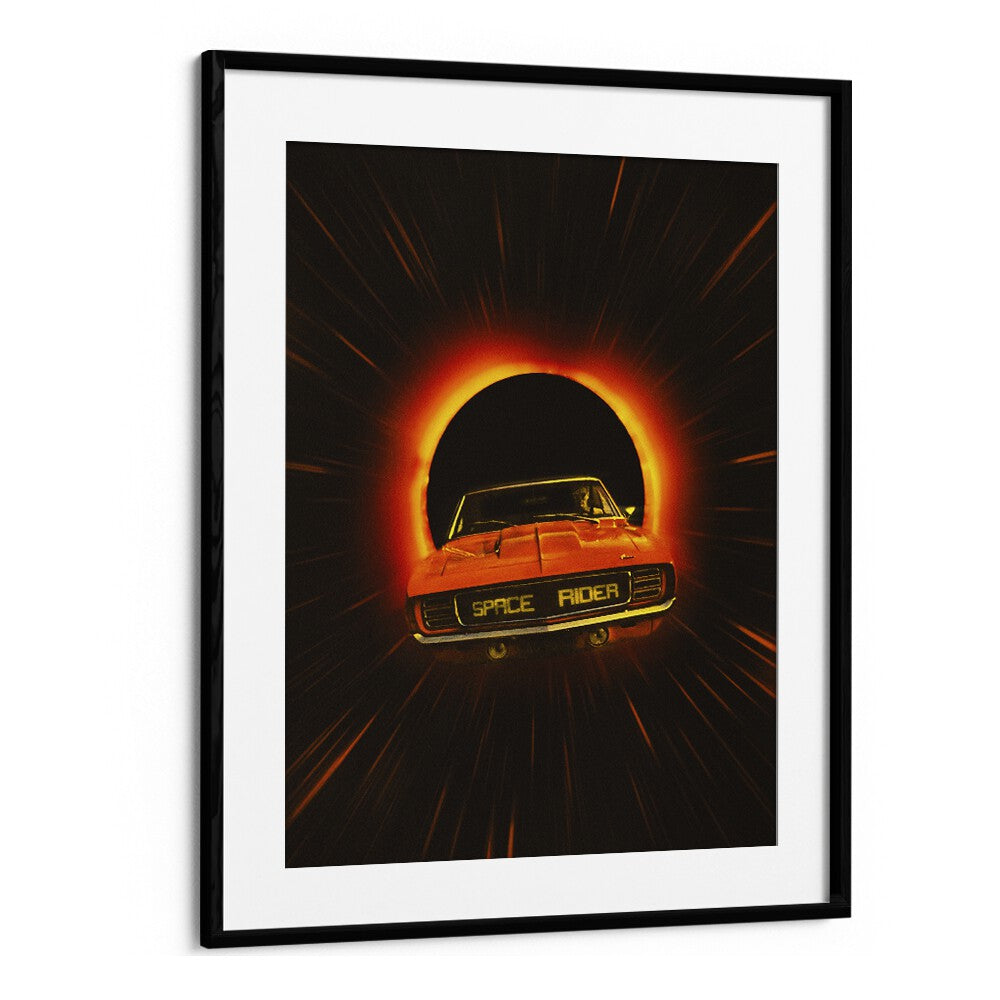 Vibrant SPACE RIDER, SURREAL ART PRINTS by Taudalpoi, featuring a retro car in a cosmic setting, framed beautifully.