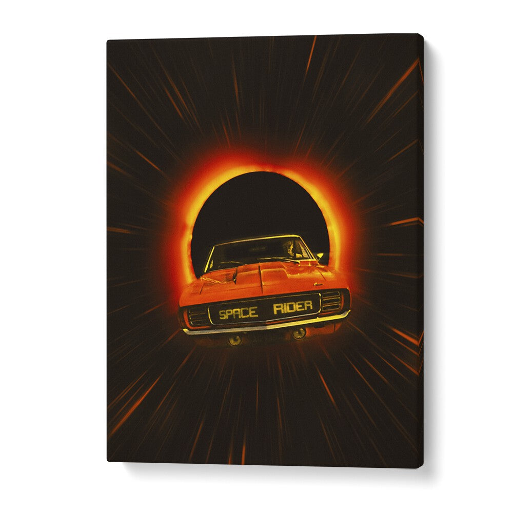 Experience cosmic exploration with SPACE RIDER, SURREAL ART PRINTS by Taudalpoi, featuring a vibrant car in a surreal tunnel.