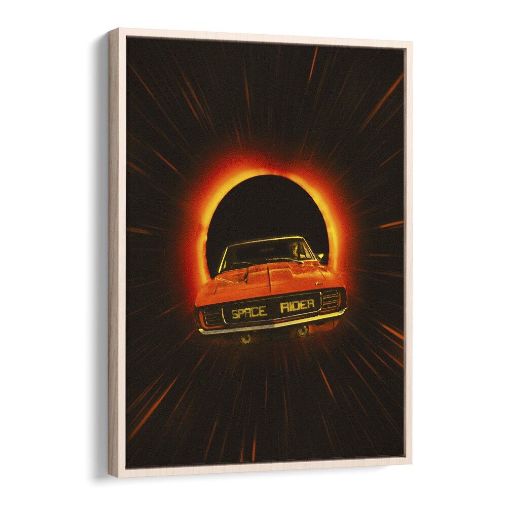 SPACE RIDER, SURREAL ART PRINTS showcase a vintage car racing through a cosmic tunnel, perfect for unique decor.