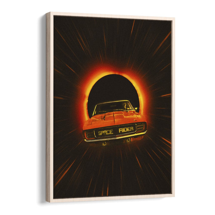 SPACE RIDER, SURREAL ART PRINTS showcase a vintage car racing through a cosmic tunnel, perfect for unique decor.