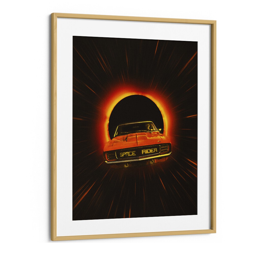 SPACE RIDER, SURREAL ART PRINTS showcase a vibrant orange car against a cosmic backdrop, perfect for unique home decor.